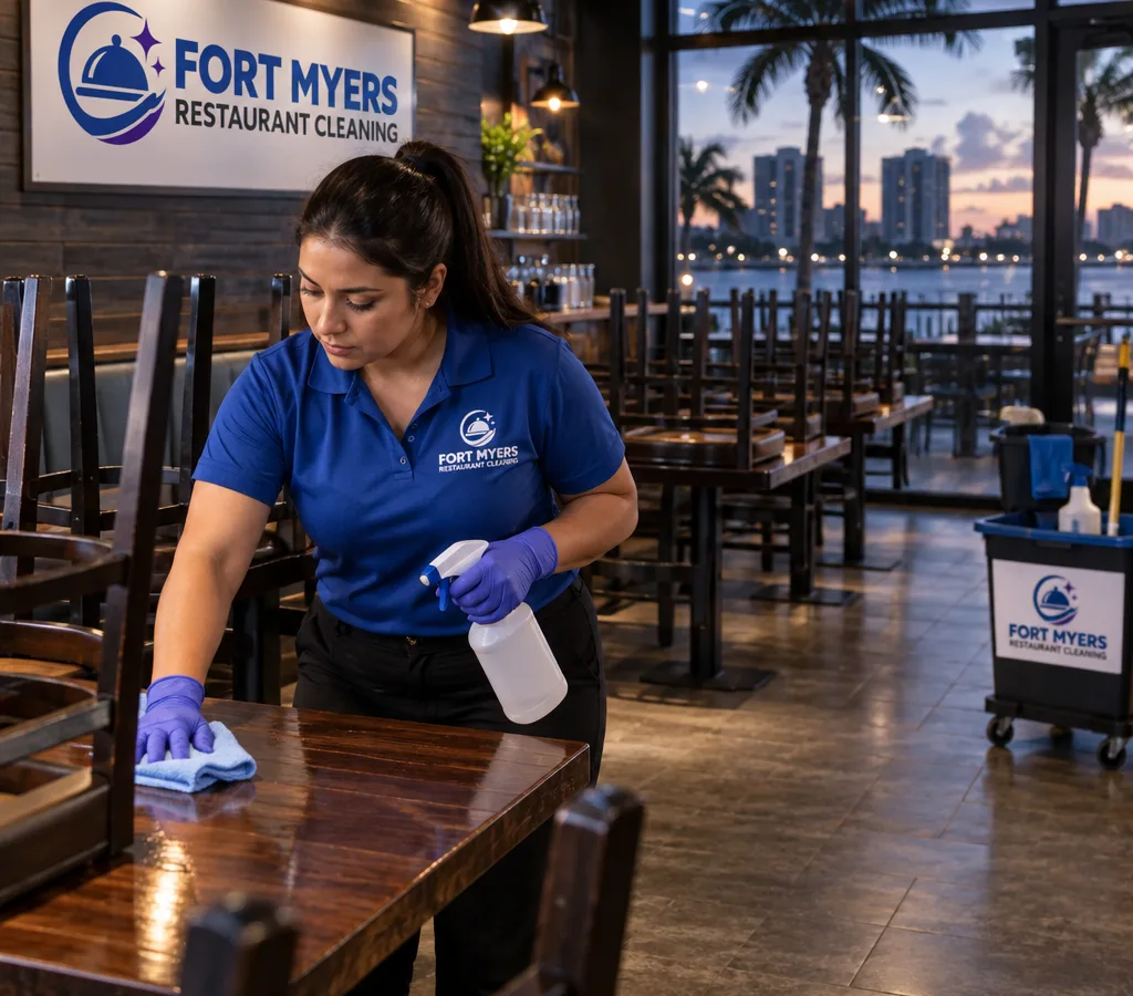 Professional cleaner sanitizing a Fort Myers restaurant dining area after close