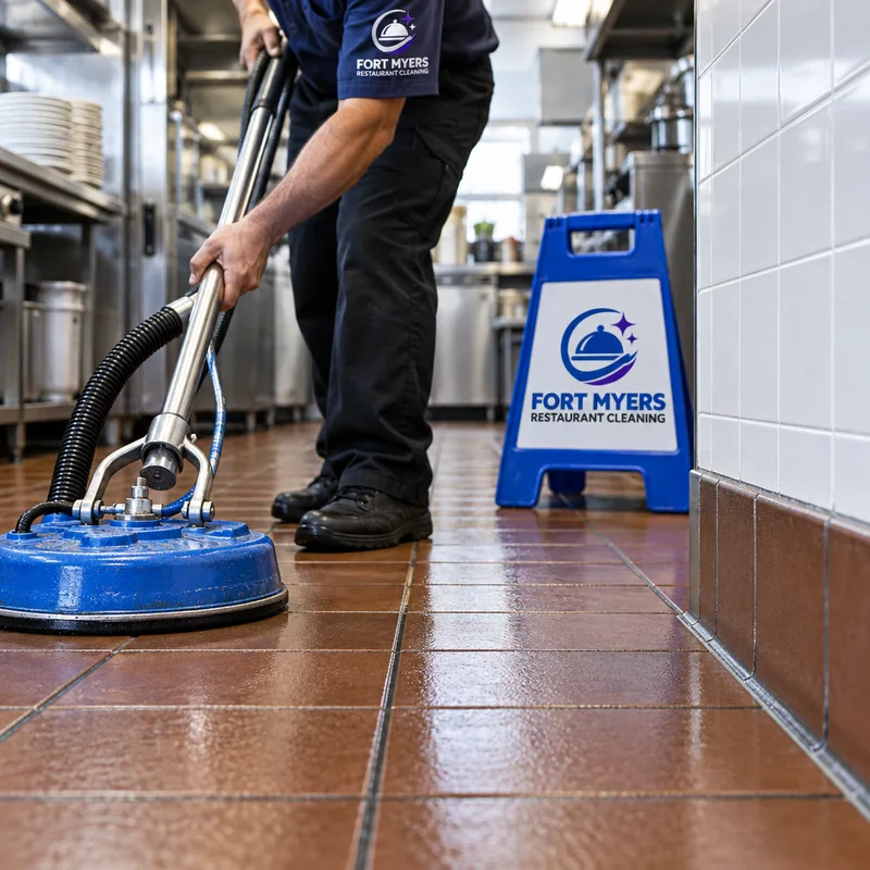 Clean quarry-tile commercial kitchen floor and baseboard edge with visible grout lines