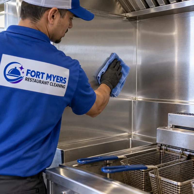 Clean stainless backsplash and fryer side panels with grease-free seams and corners