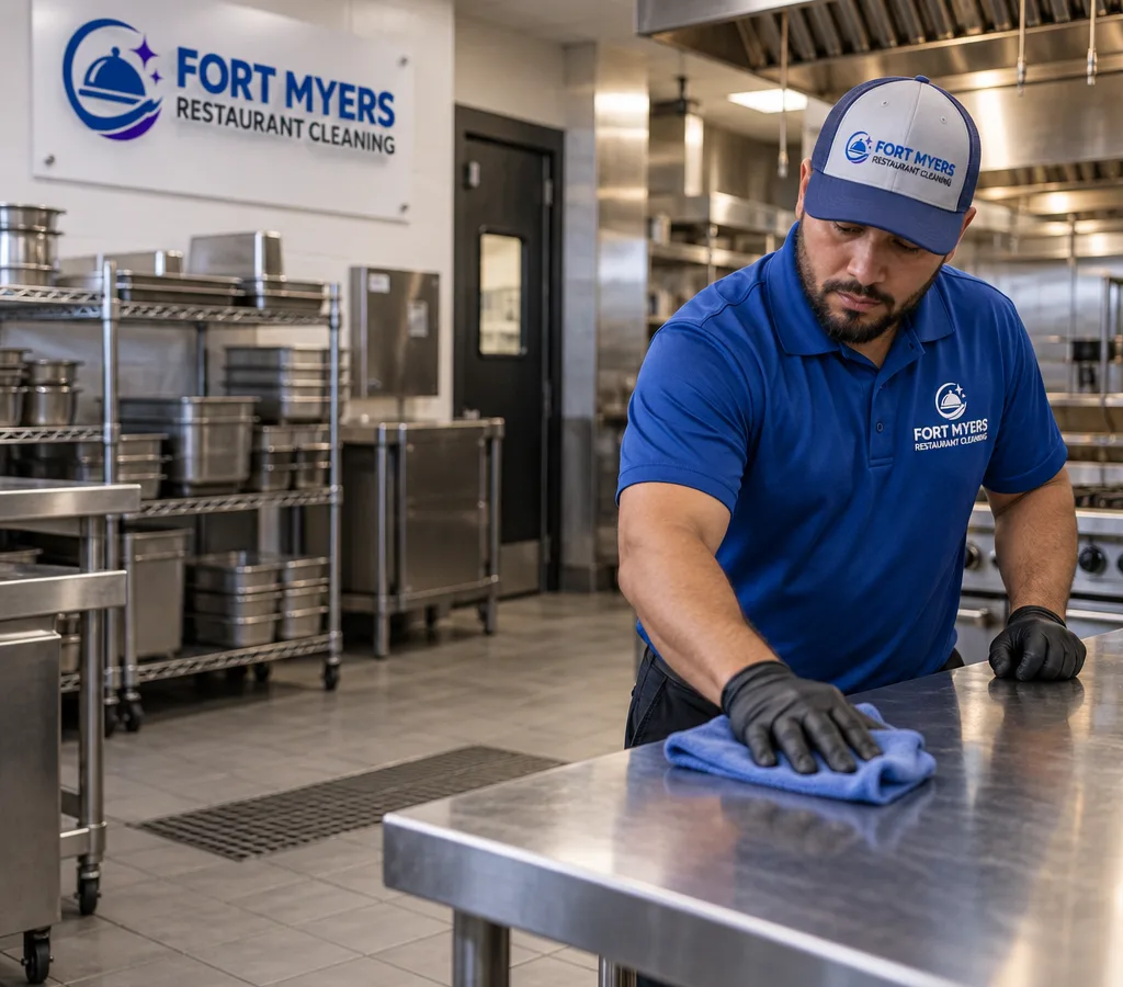 After-hours technician cleaning a stainless prep table in an organized Fort Myers commercial kitchen