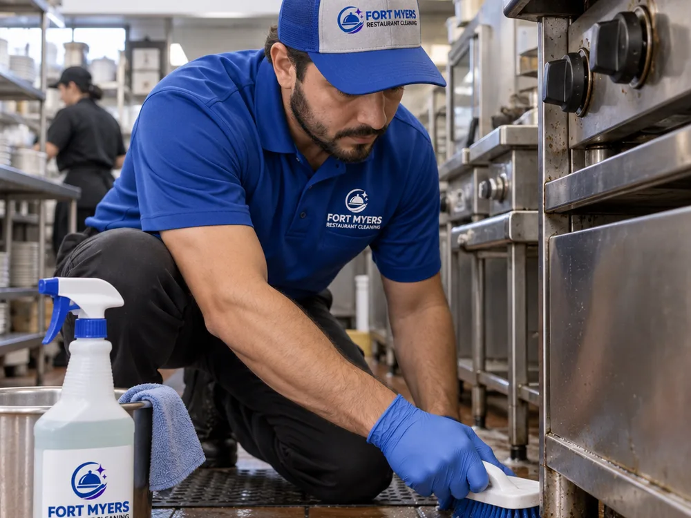 Technician degreasing stainless steel and detailing around commercial cooking equipment with labeled cleaning products