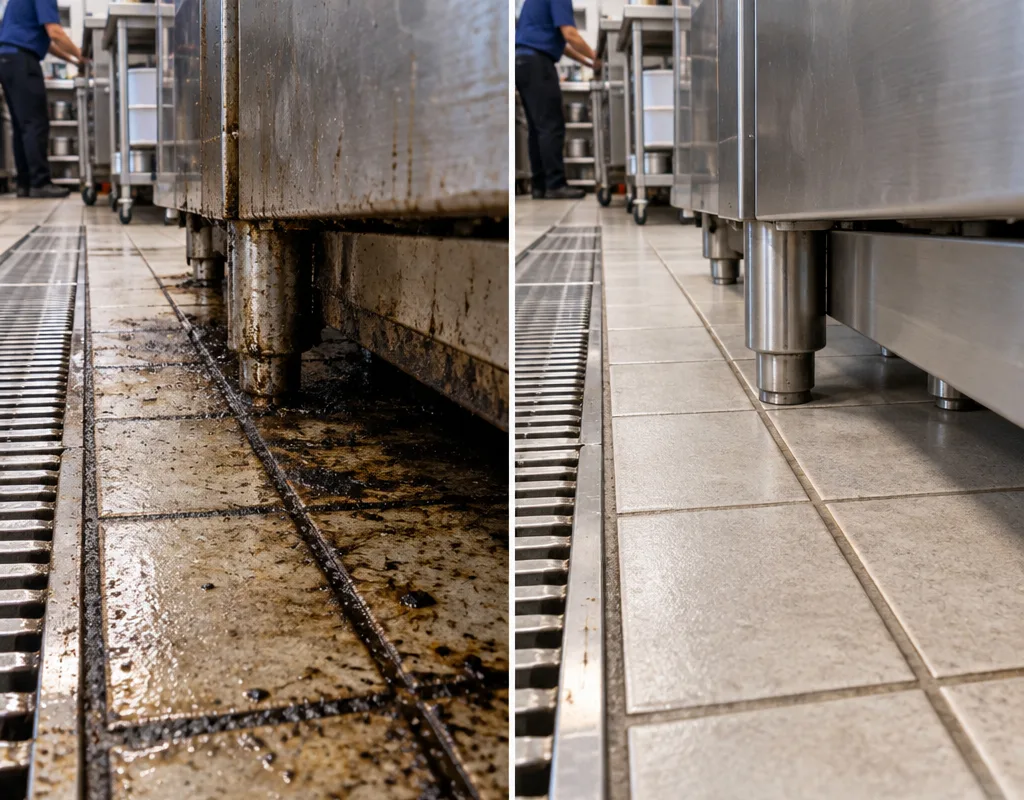 Before-and-after comparison showing grease removal and restored grout along a commercial kitchen floor edge and under-equipment area