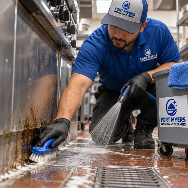 Technician using brush agitation and controlled rinsing to remove a grease line along a commercial kitchen floor edge