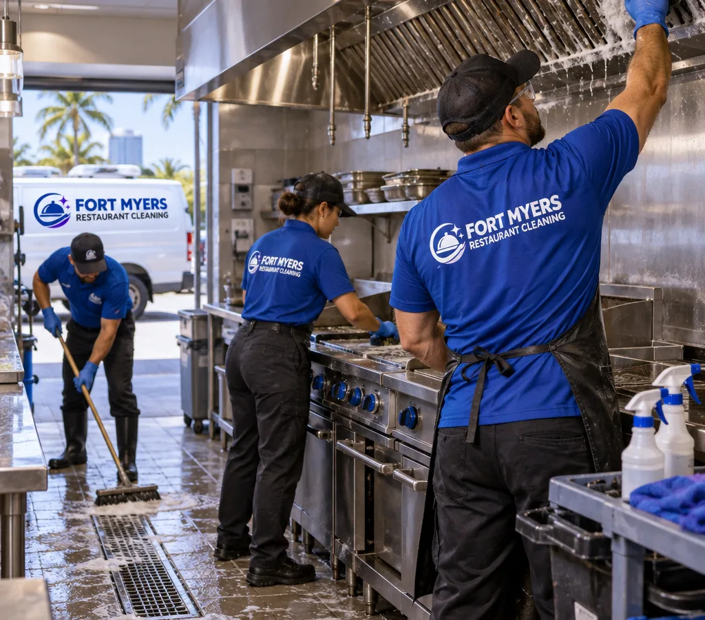 Commercial kitchen team deep cleaning a Fort Myers restaurant cookline with protective equipment and a food-safe cleaning setup