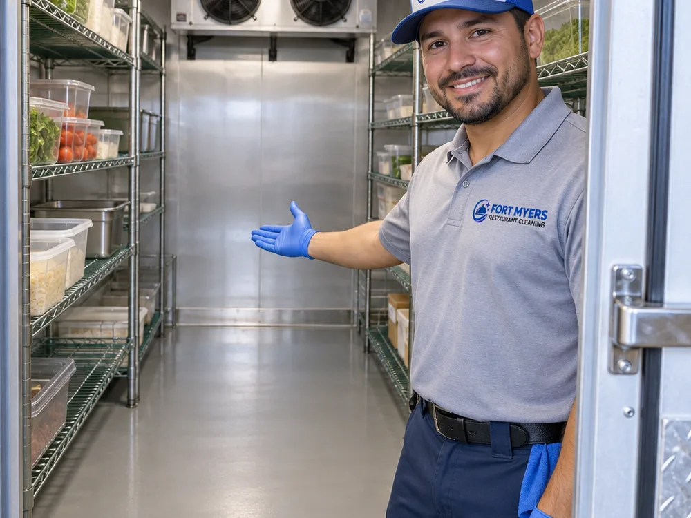 Clean walk-in cooler with wiped shelving, detailed corners, and a clear dry floor