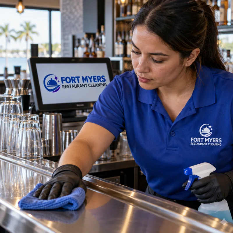 Technician polishing stainless steel, cleaning glass, and wiping high-touch points around a restaurant bar