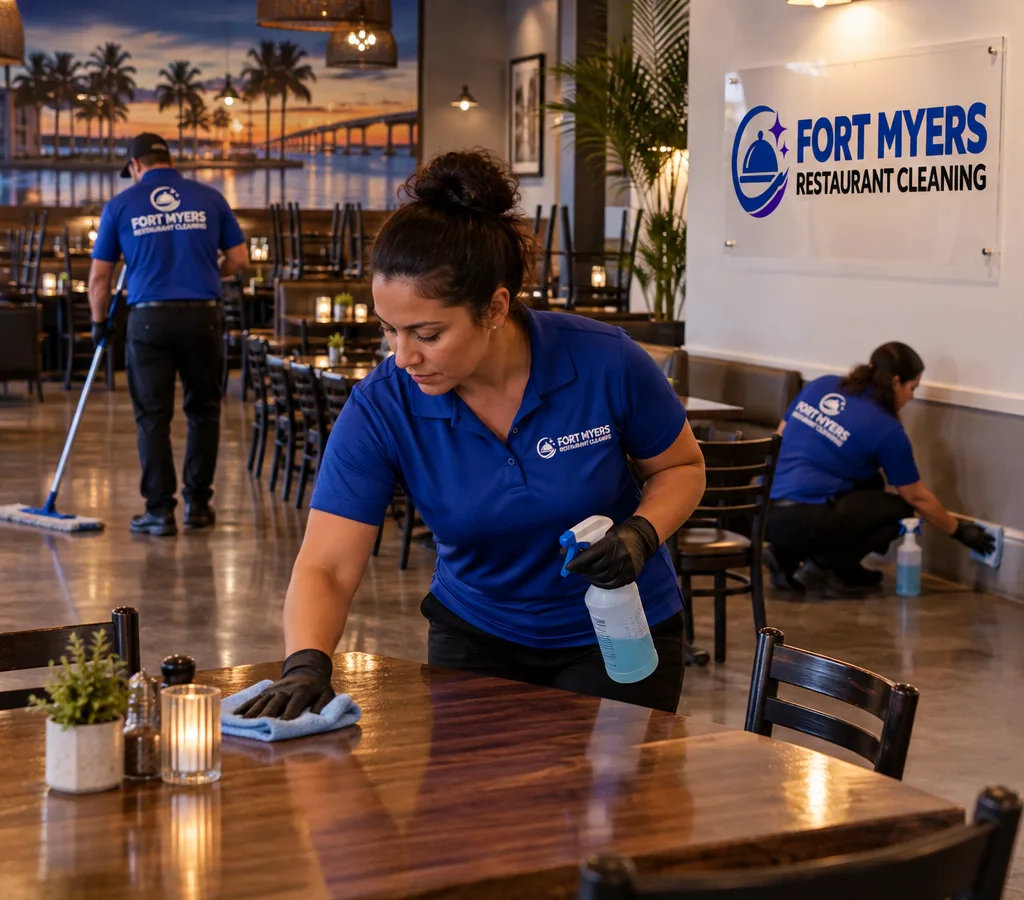 After-hours restaurant team cleaning tables, chairs, baseboards, and floors in a Fort Myers dining room