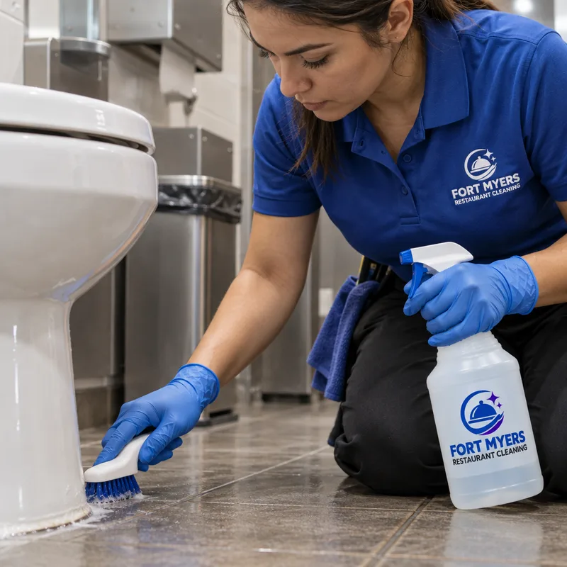 Cleaner detailing grout and tight floor edges around a restaurant restroom toilet base