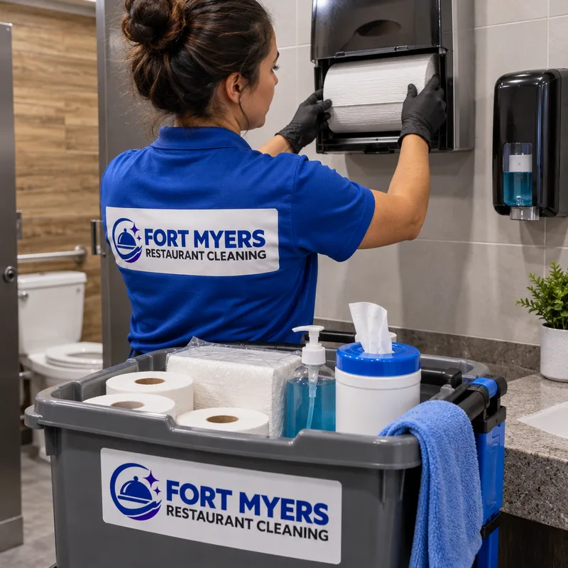 Restaurant restroom paper towel, toilet paper, and soap dispensers being refilled from a labeled supply tote
