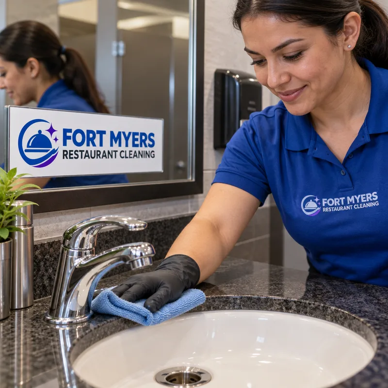 Polished restroom faucet, clean drain ring, wiped counter edges, and streak-free mirror