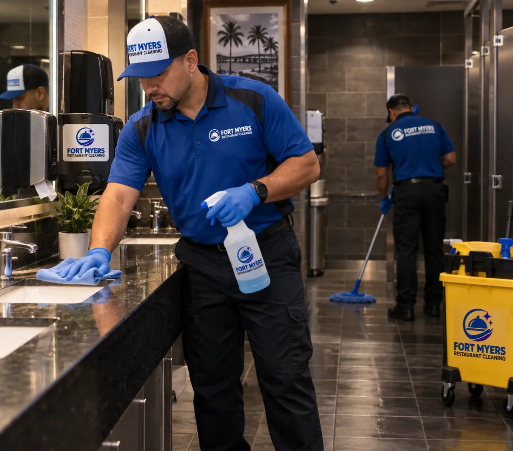 Night janitor sanitizing sinks and counters and mopping a brightly lit restaurant restroom