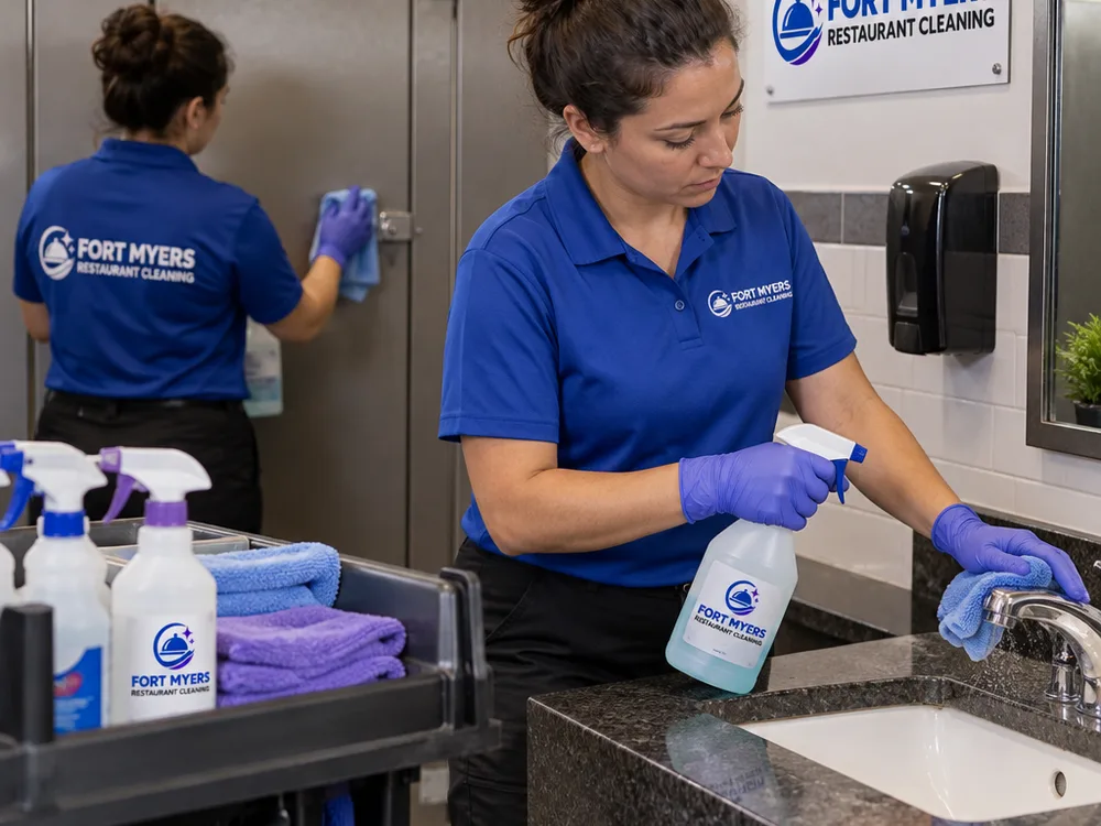 Gloved cleaner disinfecting restaurant restroom door handles, stall latches, and faucets with an organized cleaning cart