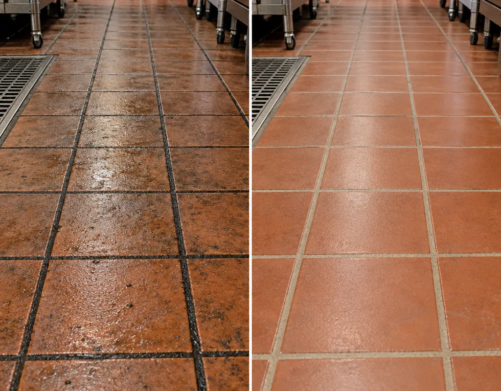 Quarry tile and grout before cleaning with dark oily grout and after cleaning with lighter grout and removed film