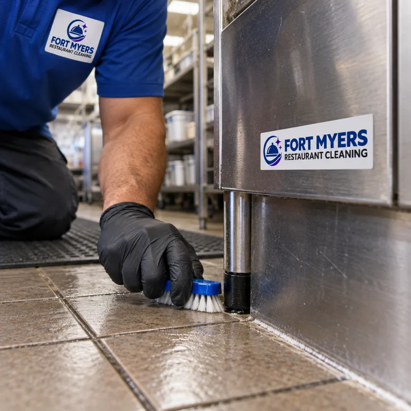 Cleaned grout lines along a stainless prep table toe-kick showing detailed edge work