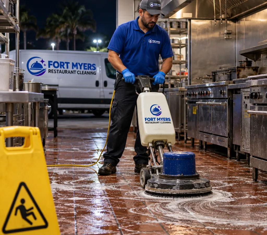 Technician using a rotary scrubber on quarry tile with degreaser foam and wet floor signage in a commercial kitchen at night