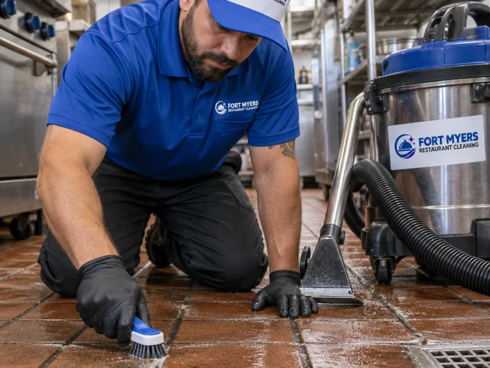 Technician detail-scrubbing greasy grout lines between quarry tiles with a wet vacuum recovery wand nearby