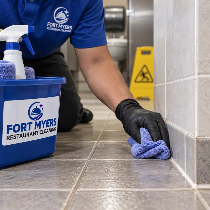 Clean commercial restroom tile and grout along a baseboard and corner after detailed edge work