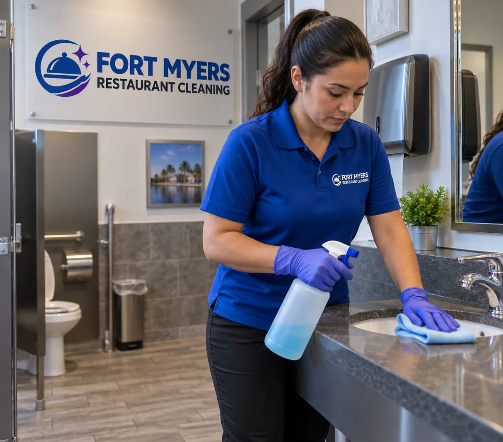 Professional cleaning of the sink and counter in a bright, fully stocked Cape Coral restaurant restroom