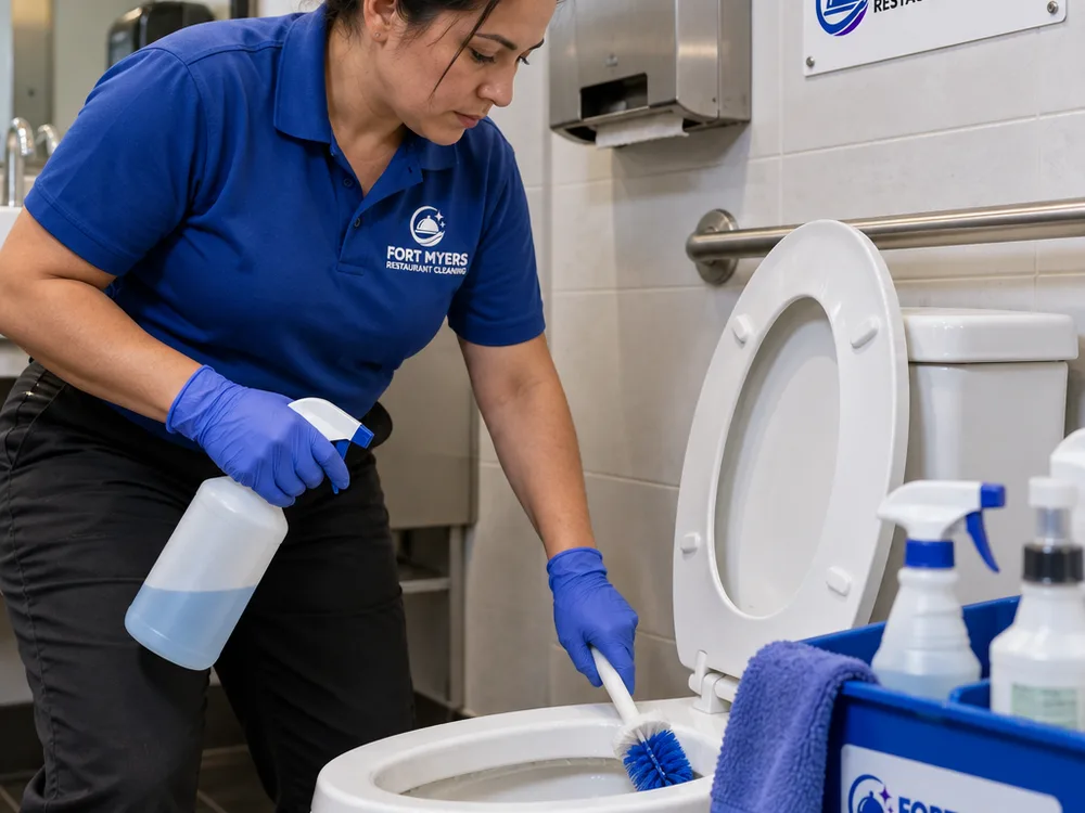 Technician disinfecting a commercial restroom toilet and surrounding splash zone with restroom-safe cleaning products nearby