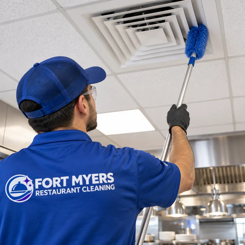 Cleaned commercial kitchen ceiling vent diffuser and surrounding ceiling tile without dust rings