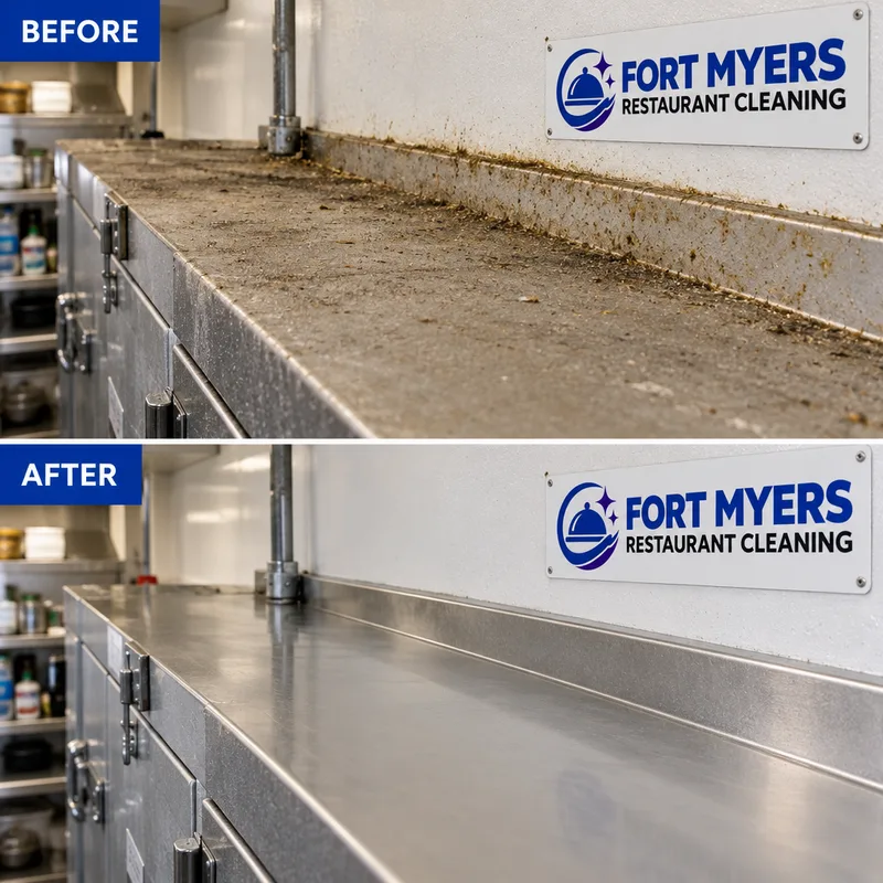 Top of a walk-in cooler and adjacent wall ledge after dust and grease film were removed