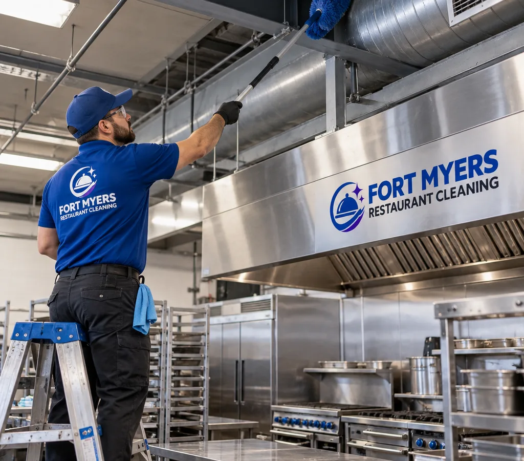 Technician performing high dusting above a commercial kitchen line using safe access equipment before service