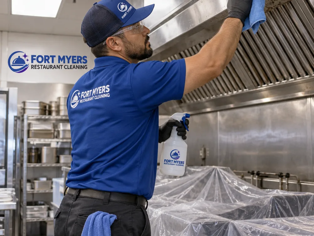 Overhead commercial kitchen ledge and ceiling vent being wiped and degreased above protected work surfaces