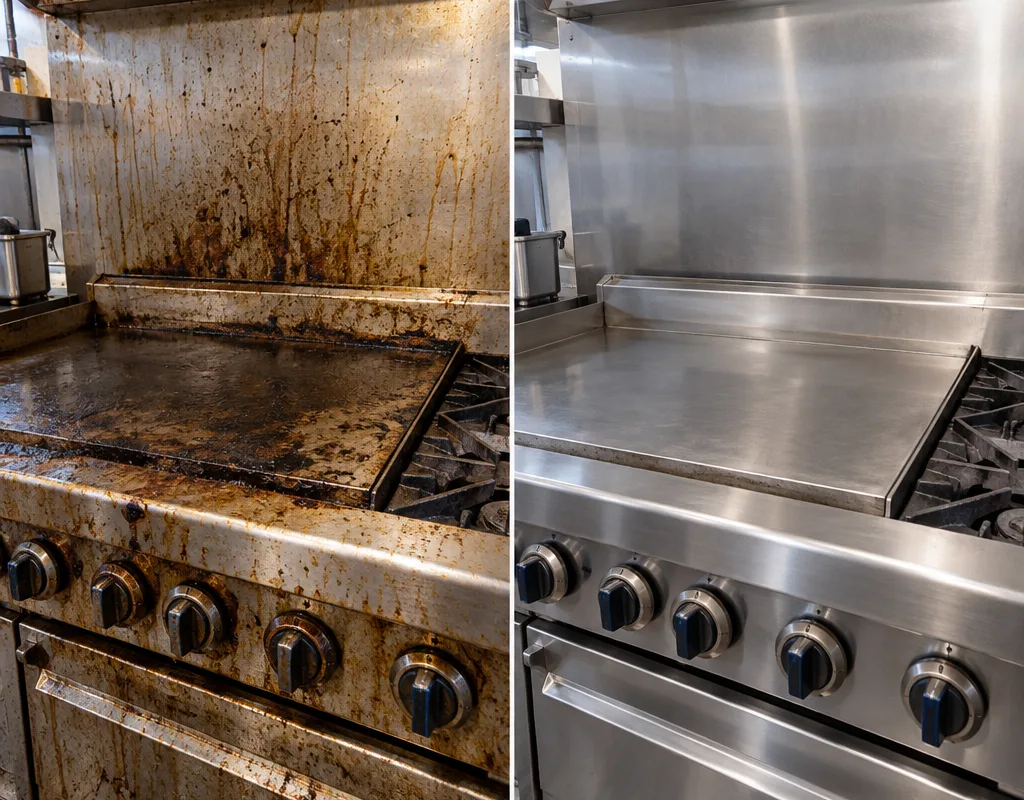 Before-and-after view of a commercial range front and backsplash with grease removed from stainless and knobs