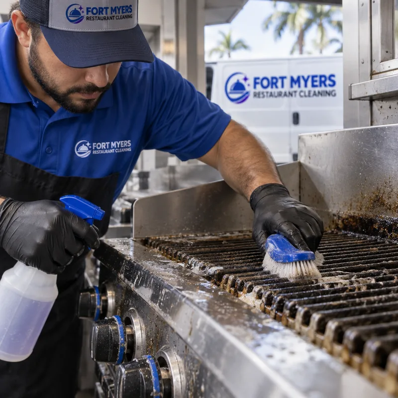 Commercial grill grate and surrounding stainless being degreased around knobs, seams, and corners