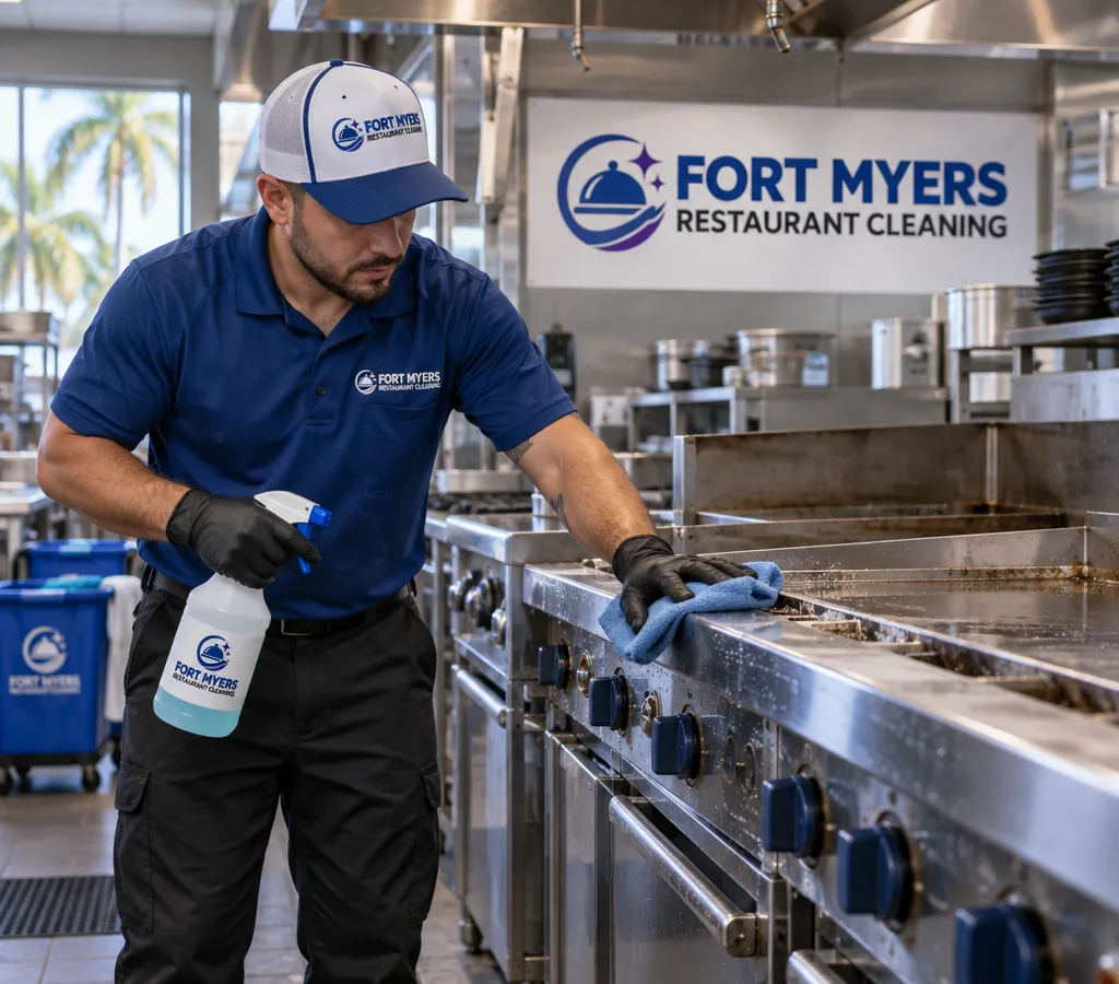 Technician deep cleaning a commercial cookline and degreasing stainless equipment fronts