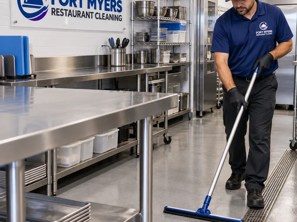 Cleaned restaurant prep area with detailed stainless tables, shelving, and floor edges