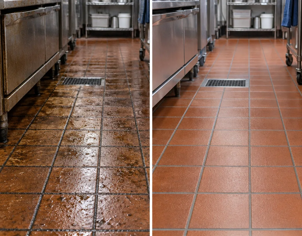 Before and after view of a degreased cook line floor with clean tile and restored grout