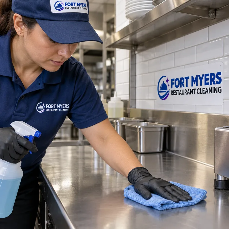 Sanitized prep table and backsplash with cleaned seams, corners, and equipment feet