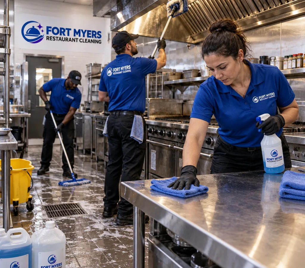 After-hours restaurant cleaning team sanitizing a commercial kitchen line, prep tables, and floor with labeled food-safe chemicals