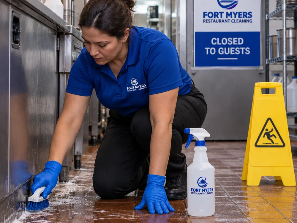 Cleaner detailing a commercial kitchen floor edge and baseboard with a hand brush and degreaser in a closed work area