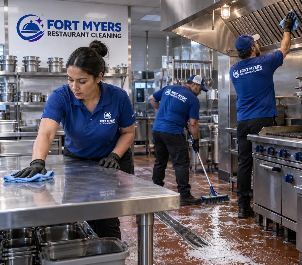 After-hours crew cleaning stainless prep tables, floors, and the hood area in a commercial restaurant kitchen
