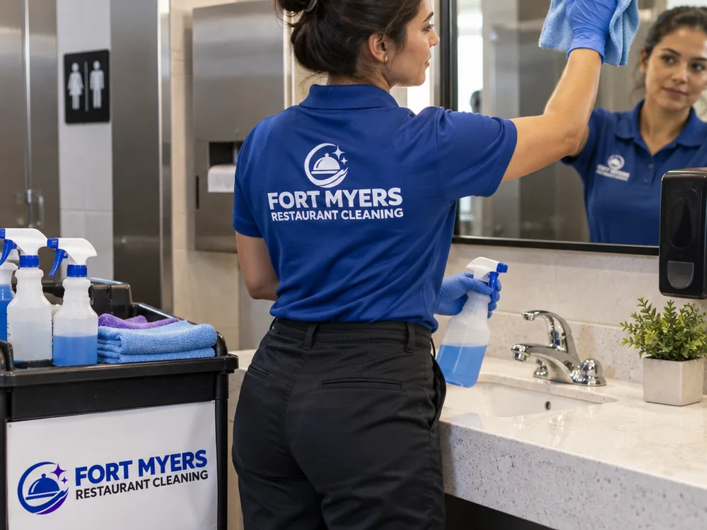 Cleaner disinfecting restaurant restroom sink fixtures and mirror with labeled products staged on a cart
