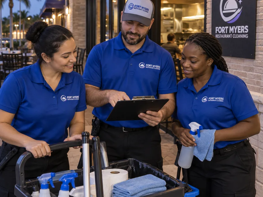 Uniformed cleaning team preparing supplies and checklists before a restaurant night clean