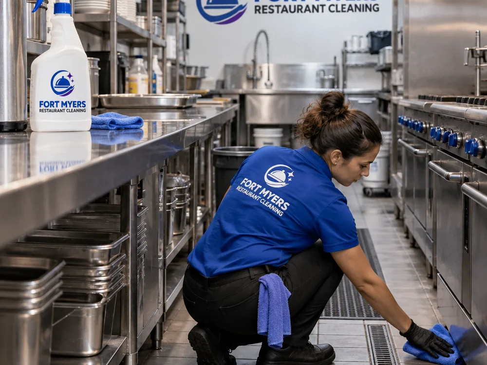 Cleaner wiping stainless steel and checking kitchen corners and floor edges